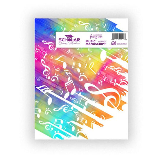 A notebook or manuscript cover featuring a vibrant rainbow watercolor design with white musical notes and treble clefs. The top label shows the brand 'SCHOLAR' and the line 'musical Manuscript'.