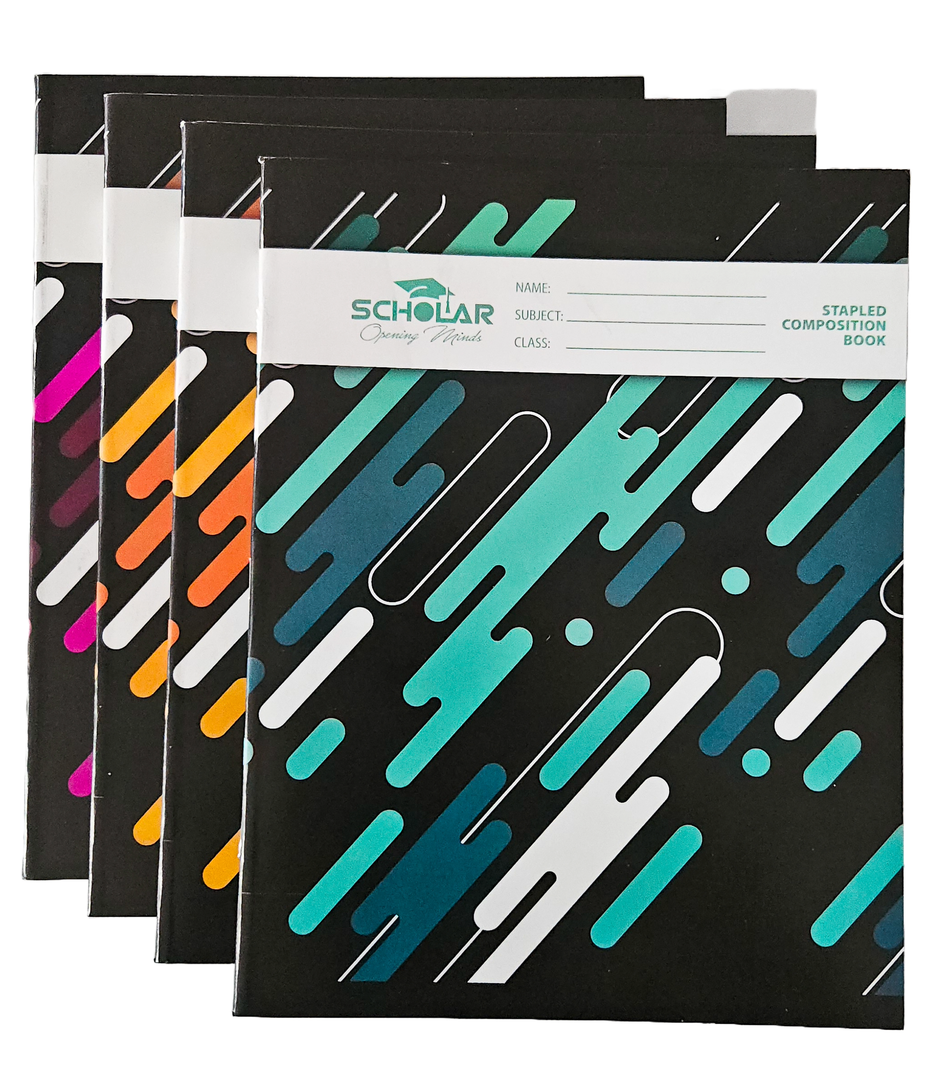 Four black Scholar brand composition books with colorful geometric patterns in teal, blue, orange, yellow, pink, and white, arranged in a fan-like stack.