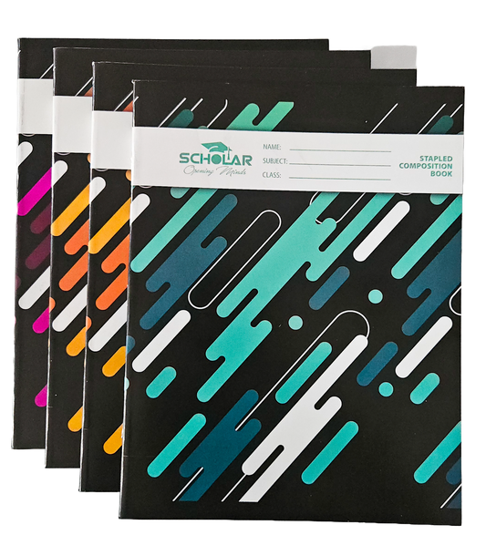 Four black Scholar brand composition books with colorful geometric patterns in teal, blue, orange, yellow, pink, and white, arranged in a fan-like stack.